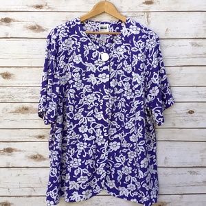 Blue & White Floral Print Top Leslie Fay Plus Size